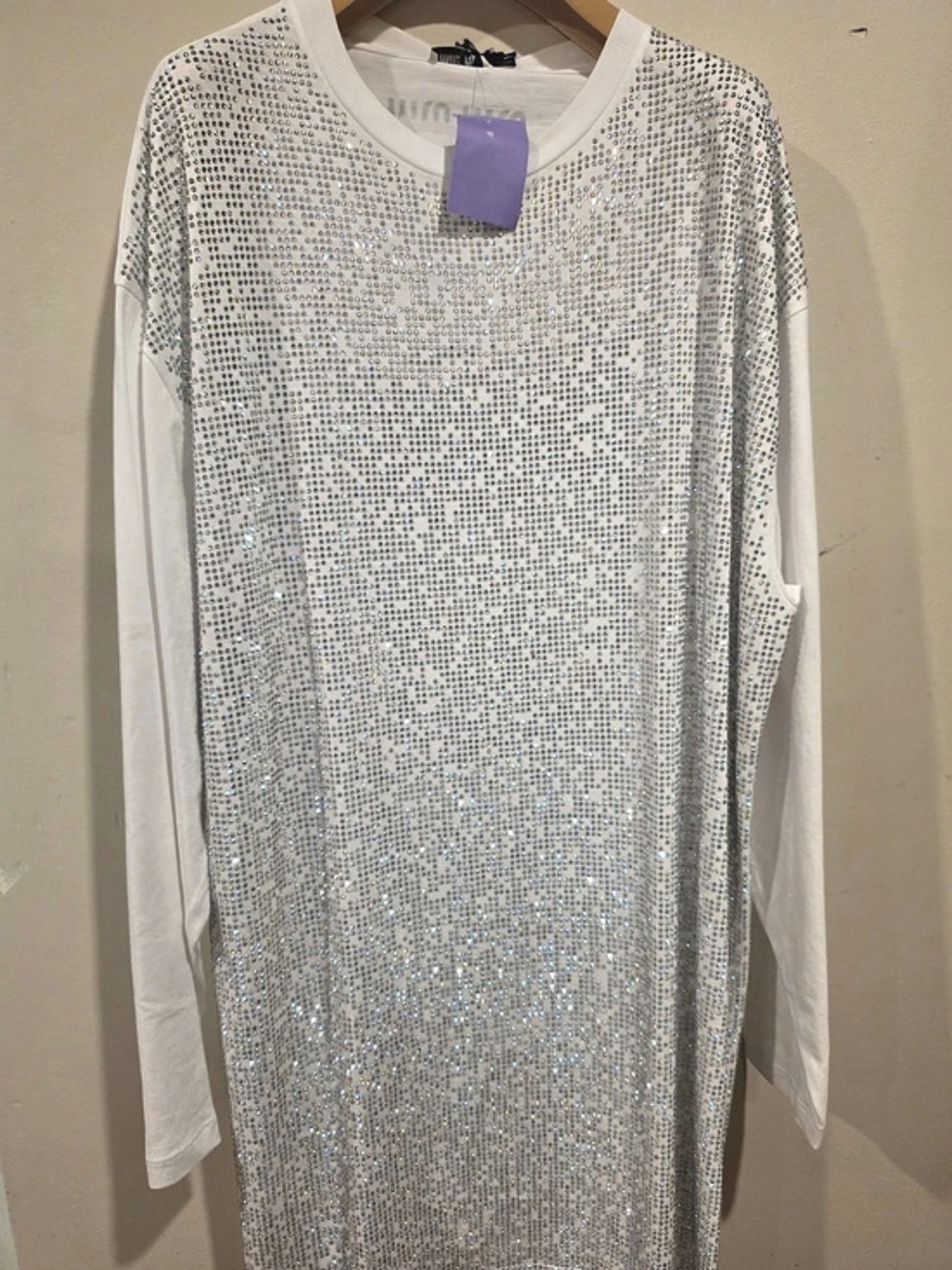 Miu Jersey Hotfix Mini Dress Crystal Embellished Long Sleeve Top in White XS